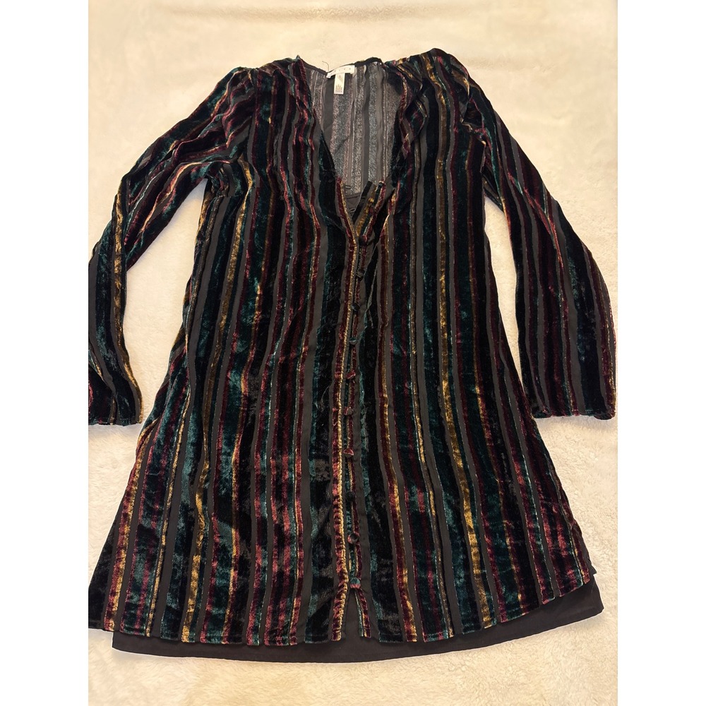 Leith Multi Color Velvet Burnout Stripe Button Mini Dress Small Boho V-Neck